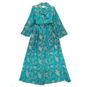 VINTAGE Chinese Jacquard Robe Duster Cover Kimono Wrap Dress Metallic Jade Green